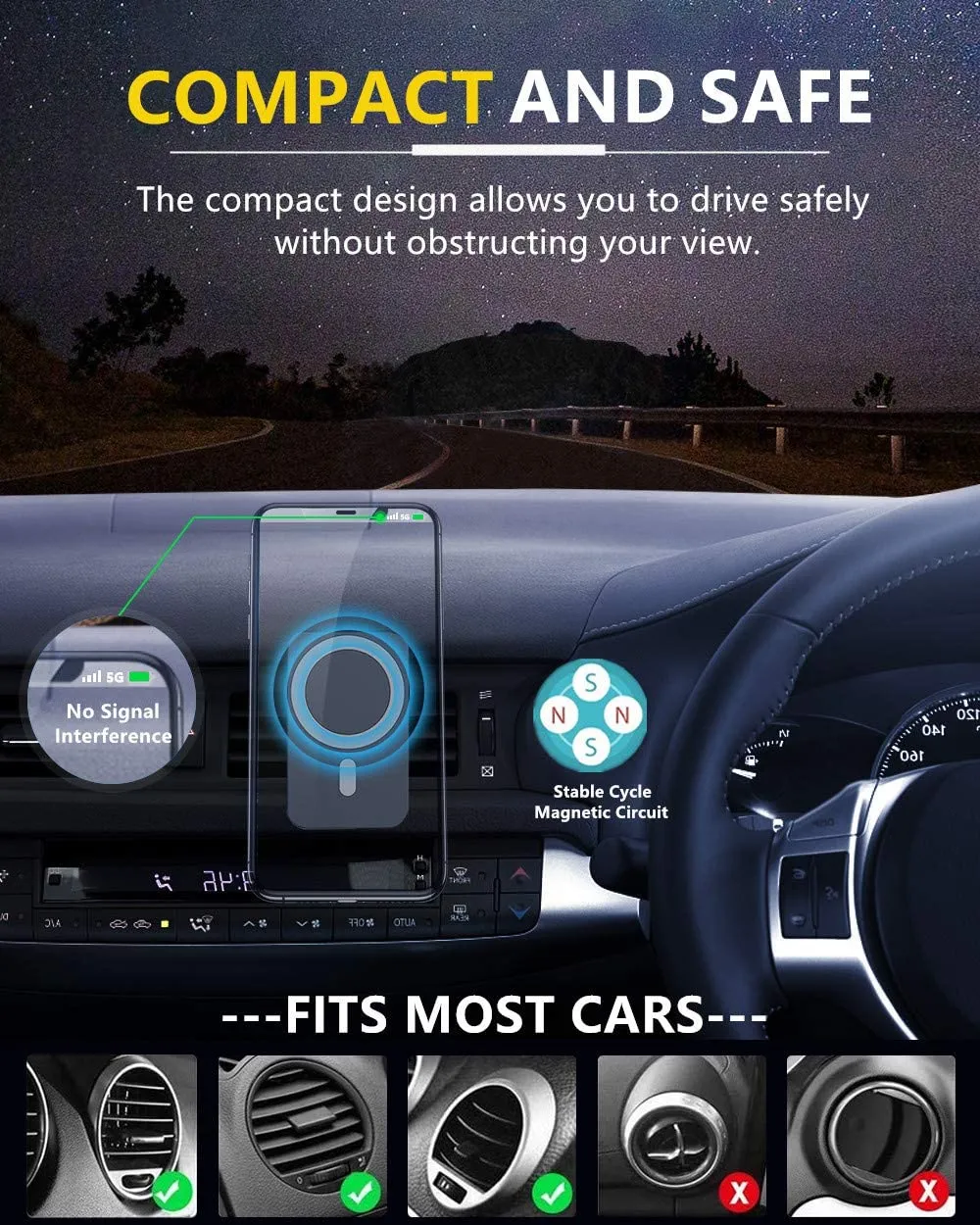 15W Magnetic Wireless Car Charger for iPhone 14/13/12/12 Pro/Pro Max/Mag-Safe Case, Qi Fast Charging Mag-Safe Car Charger Mount, Dashboard Air Vent Car Phone Holder Charger for iPhone 14/13/12 Series