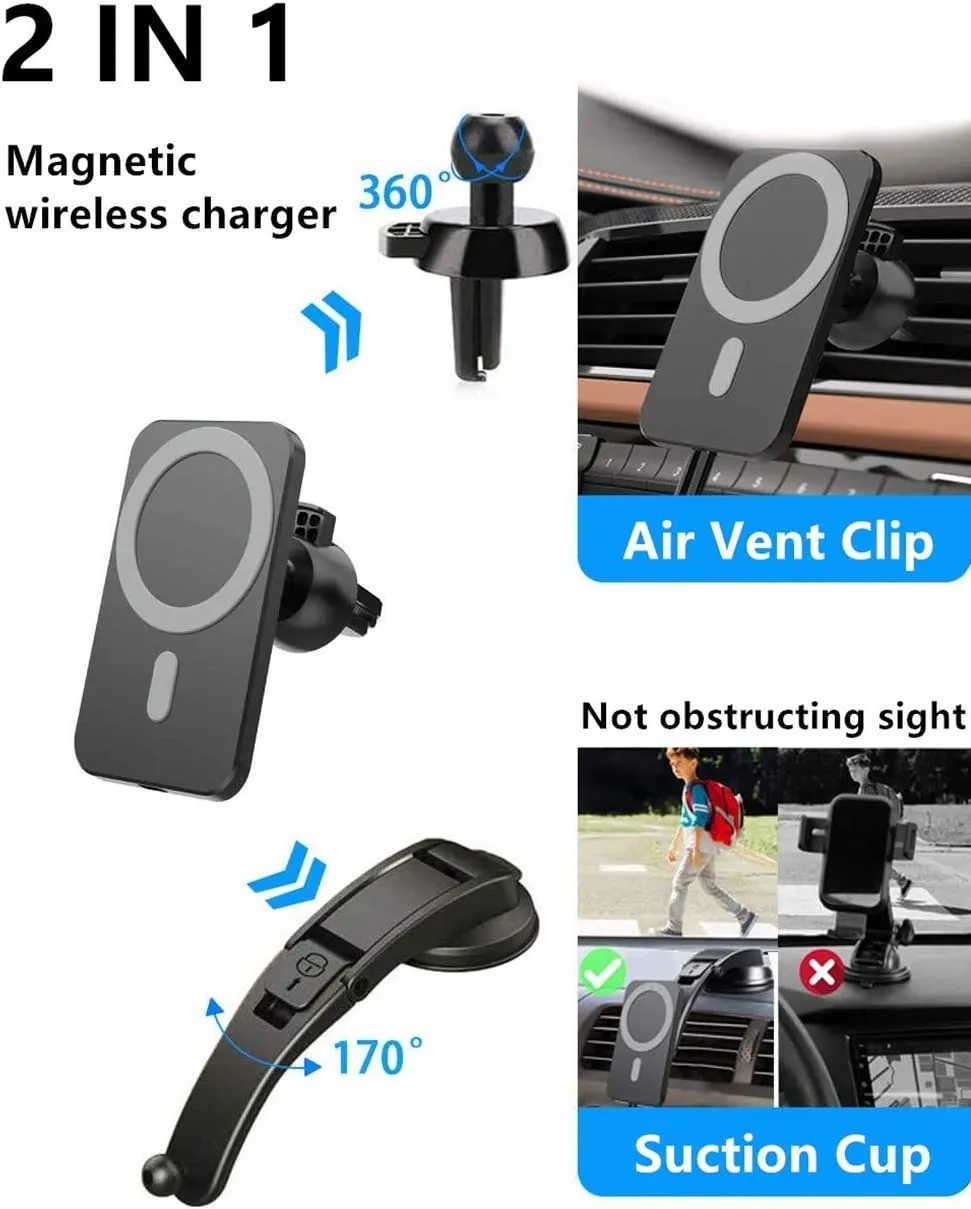 15W Magnetic Wireless Car Charger for iPhone 14/13/12/12 Pro/Pro Max/Mag-Safe Case, Qi Fast Charging Mag-Safe Car Charger Mount, Dashboard Air Vent Car Phone Holder Charger for iPhone 14/13/12 Series