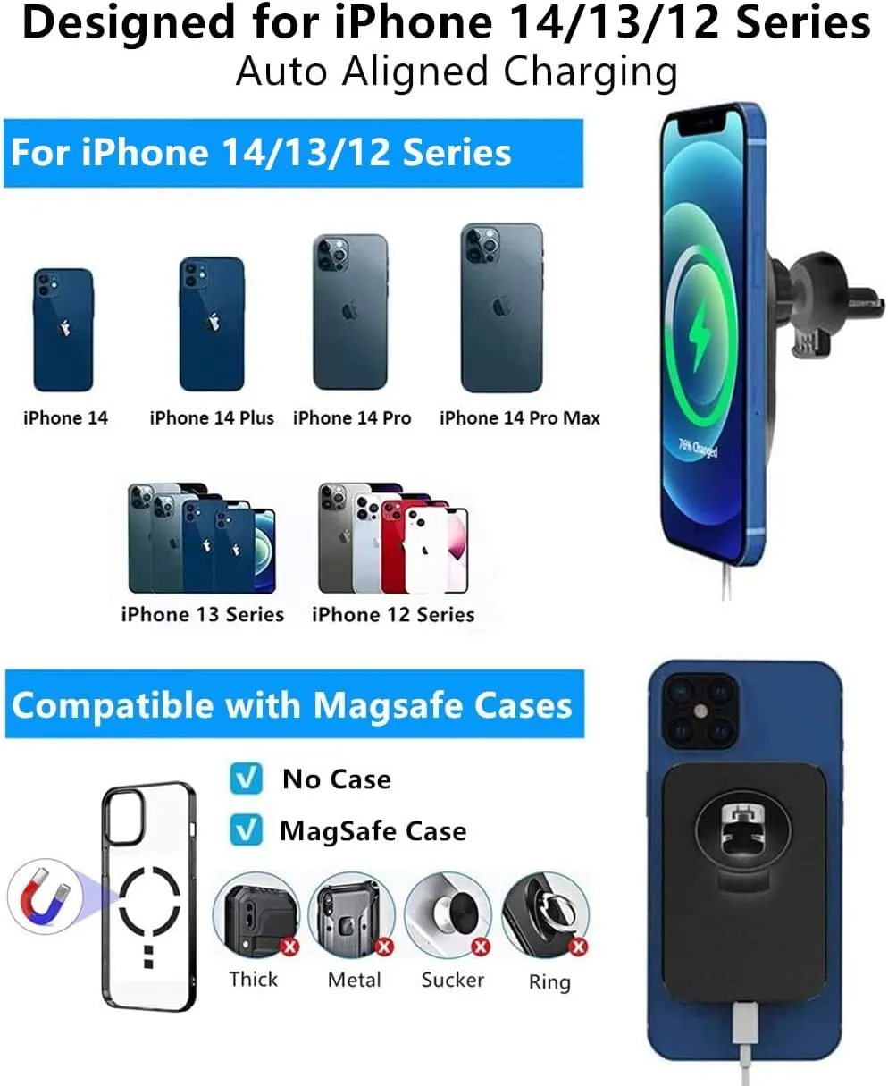 15W Magnetic Wireless Car Charger for iPhone 14/13/12/12 Pro/Pro Max/Mag-Safe Case, Qi Fast Charging Mag-Safe Car Charger Mount, Dashboard Air Vent Car Phone Holder Charger for iPhone 14/13/12 Series
