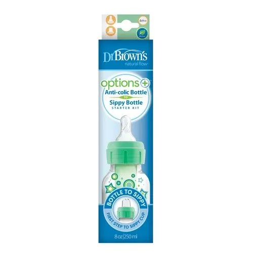 [2-Pack] Dr Brown's 8 oz/250 ml PP Narrow-Neck "Options " Transition Bottle W/ Sippy Spout - Green Star