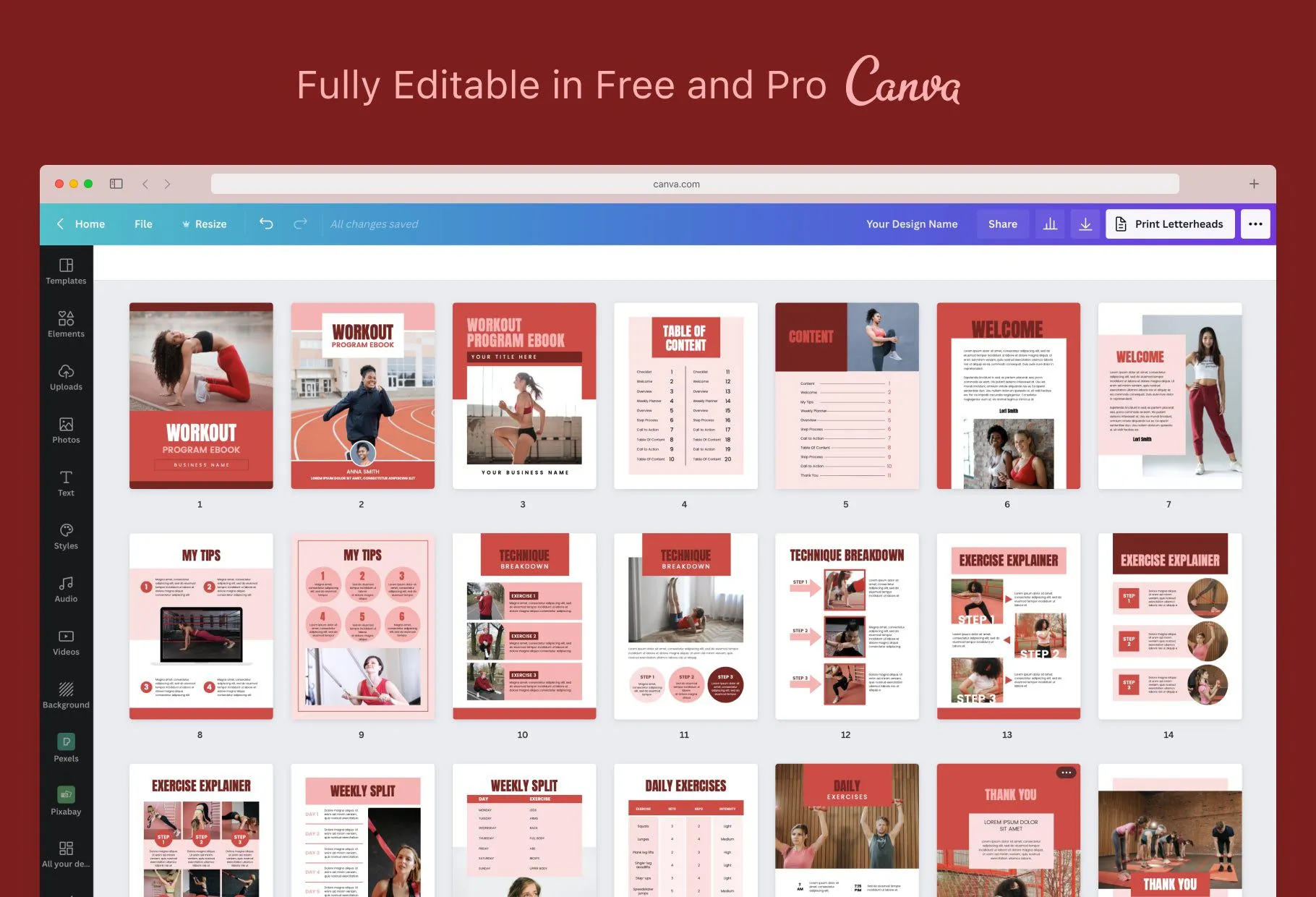 21 Page Workout Program Ebook Carnelian Canva Templates
