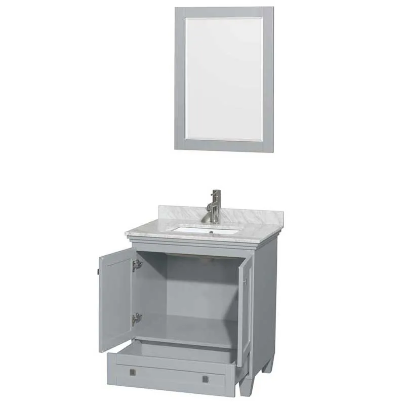 Acclaim 30" Single Bathroom Vanity in Oyster Gray, White Carrera Marble Countertop, Undermount Square Sink and 24" Mirror