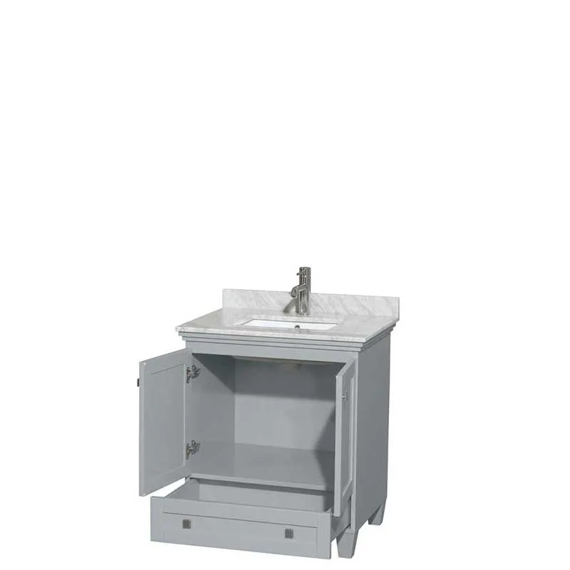 Acclaim 30" Single Bathroom Vanity in Oyster Gray, White Carrera Marble Countertop, Undermount Square Sink and No Mirror