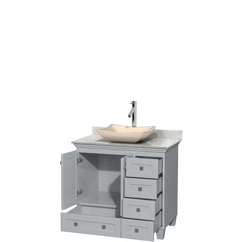 Acclaim 36" Single Bathroom Vanity in Oyster Gray, White Carrera Marble Countertop, Avalon Ivory Marble Sink and No Mirror