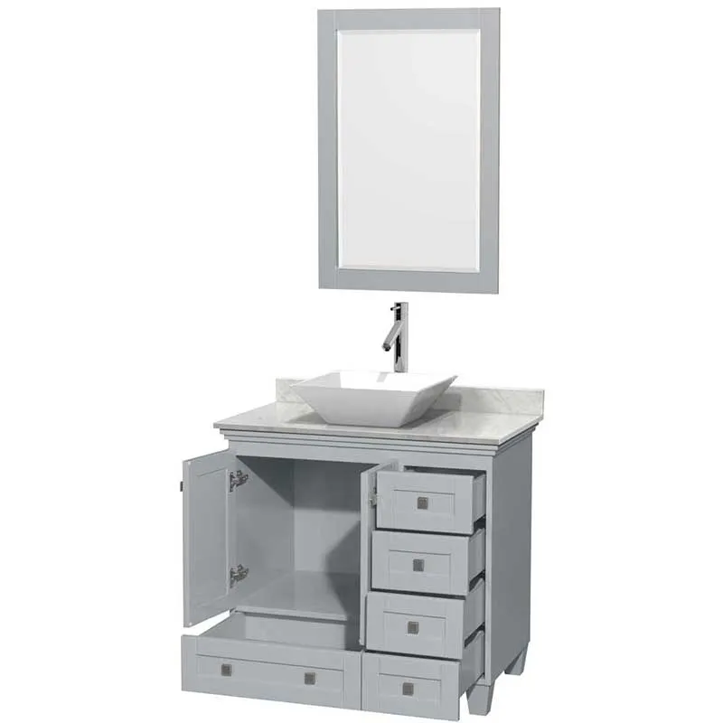Acclaim 36" Single Bathroom Vanity in Oyster Gray, White Carrera Marble Countertop, Pyra White Porcelain Sink and 24" Mirror