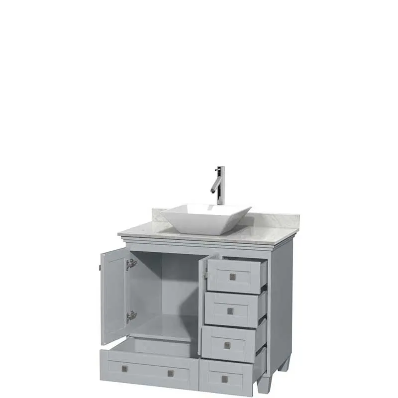 Acclaim 36" Single Bathroom Vanity in Oyster Gray, White Carrera Marble Countertop, Pyra White Porcelain Sink and No Mirror