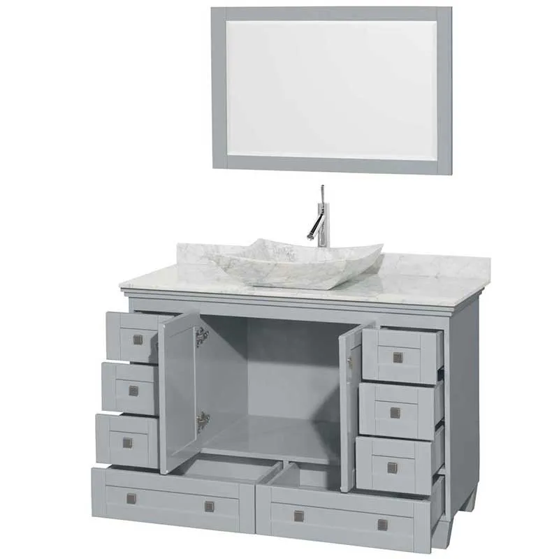 Acclaim 48" Single Bathroom Vanity in Oyster Gray, White Carrera Marble Countertop, Avalon White Carrera Marble Sink and 24" Mirror