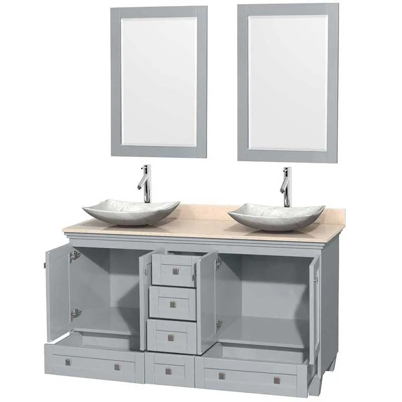 Acclaim 60" Double Bathroom Vanity in Oyster Gray, Ivory Marble Countertop, Arista White Carrera Marble Sinks and 24" Mirrors