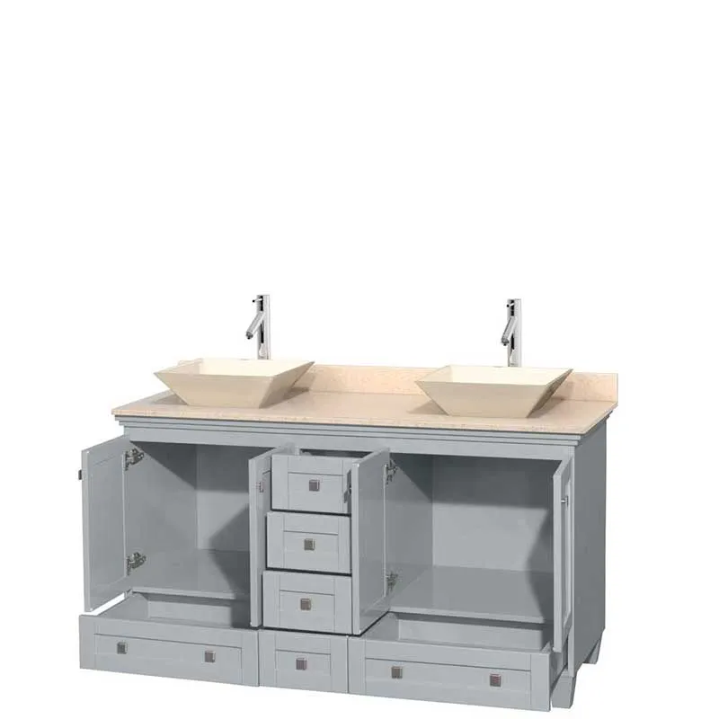 Acclaim 60" Double Bathroom Vanity in Oyster Gray, Ivory Marble Countertop, Pyra Bone Porcelain Sinks and No Mirrors