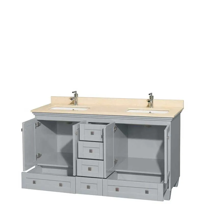 Acclaim 60" Double Bathroom Vanity in Oyster Gray, Ivory Marble Countertop, Undermount Square Sinks and No Mirrors