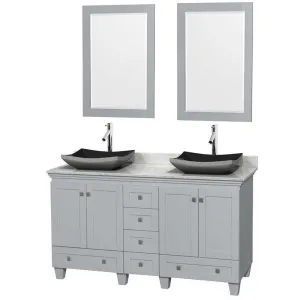 Acclaim 60" Double Bathroom Vanity in Oyster Gray, White Carrera Marble Countertop, Altair Black Granite Sinks and 24" Mirrors