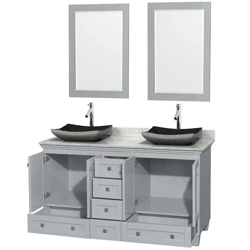 Acclaim 60" Double Bathroom Vanity in Oyster Gray, White Carrera Marble Countertop, Altair Black Granite Sinks and 24" Mirrors