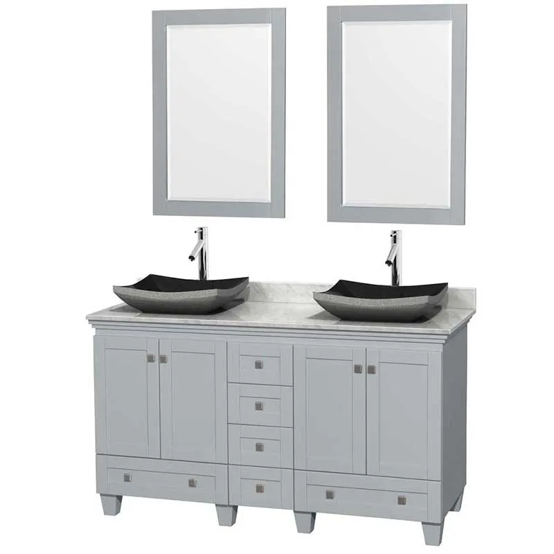 Acclaim 60" Double Bathroom Vanity in Oyster Gray, White Carrera Marble Countertop, Altair Black Granite Sinks and 24" Mirrors