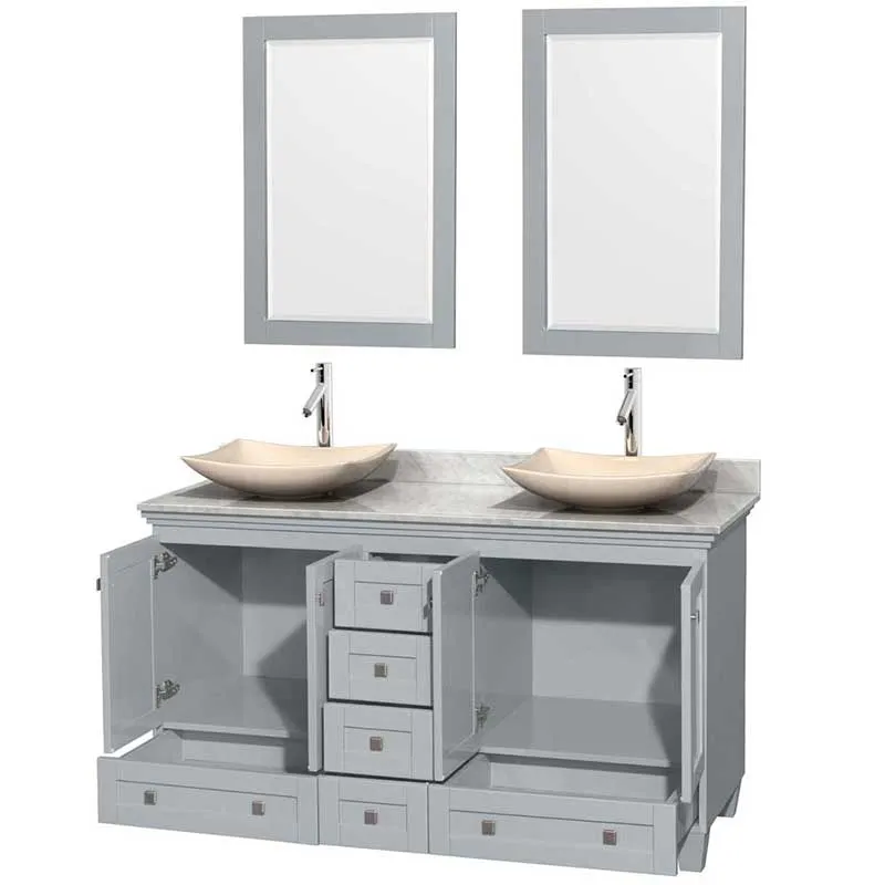 Acclaim 60" Double Bathroom Vanity in Oyster Gray, White Carrera Marble Countertop, Arista Ivory Marble Sinks and 24" Mirrors
