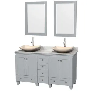 Acclaim 60" Double Bathroom Vanity in Oyster Gray, White Carrera Marble Countertop, Arista Ivory Marble Sinks and 24" Mirrors