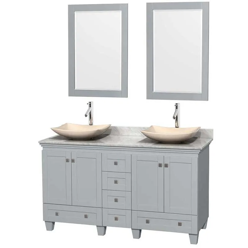Acclaim 60" Double Bathroom Vanity in Oyster Gray, White Carrera Marble Countertop, Arista Ivory Marble Sinks and 24" Mirrors