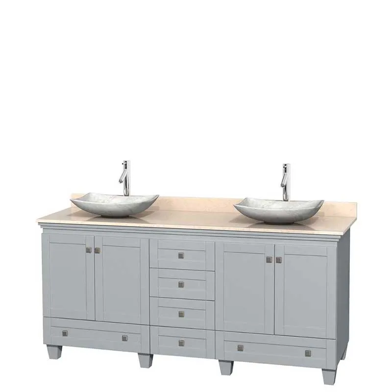 Acclaim 72" Double Bathroom Vanity in Oyster Gray, Ivory Marble Countertop, Arista White Carrera Marble Sinks and No Mirrors