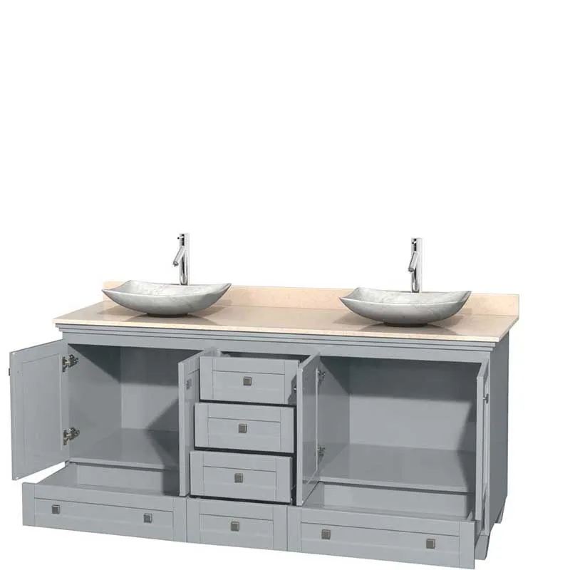 Acclaim 72" Double Bathroom Vanity in Oyster Gray, Ivory Marble Countertop, Arista White Carrera Marble Sinks and No Mirrors