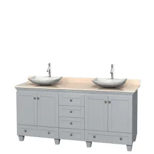Acclaim 72" Double Bathroom Vanity in Oyster Gray, Ivory Marble Countertop, Arista White Carrera Marble Sinks and No Mirrors