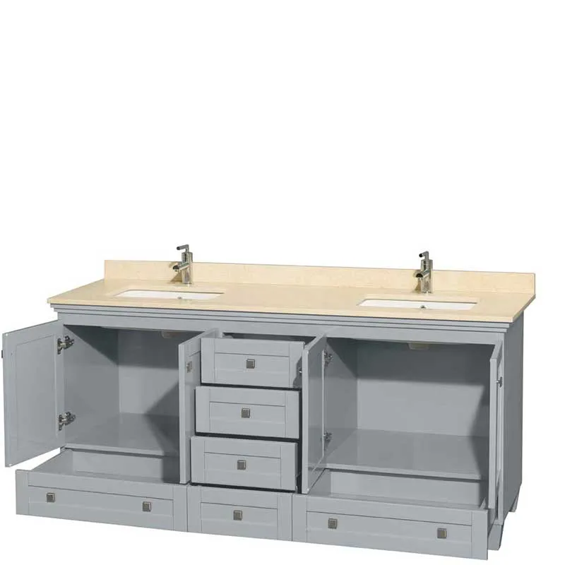 Acclaim 72" Double Bathroom Vanity in Oyster Gray, Ivory Marble Countertop, Undermount Square Sinks and No Mirrors