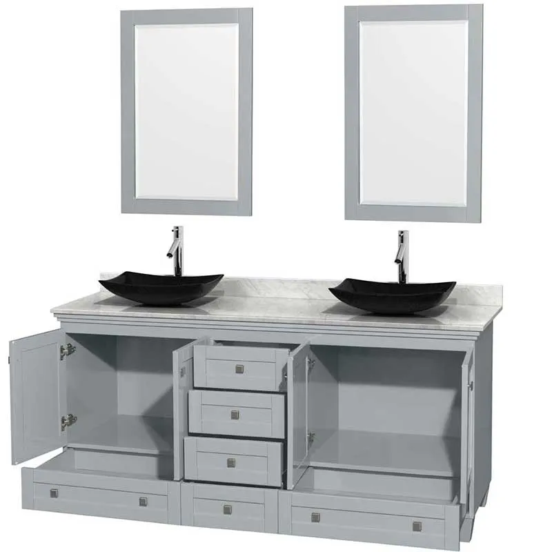 Acclaim 72" Double Bathroom Vanity in Oyster Gray, White Carrera Marble Countertop, Arista Black Granite Sinks and 24" Mirrors