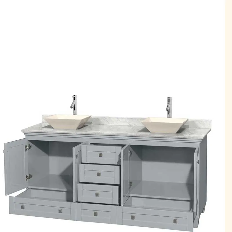 Acclaim 72" Double Bathroom Vanity in Oyster Gray, White Carrera Marble Countertop, Pyra Bone Porcelain Sinks and No Mirrors