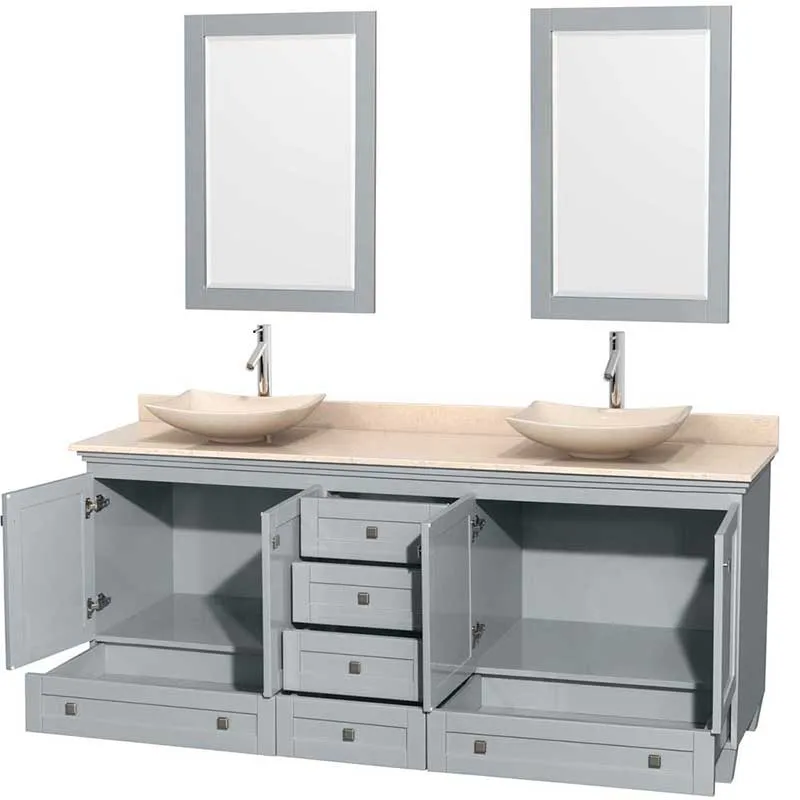 Acclaim 80" Double Bathroom Vanity in Oyster Gray, Ivory Marble Countertop, Arista Ivory Marble Sinks and 24" Mirrors
