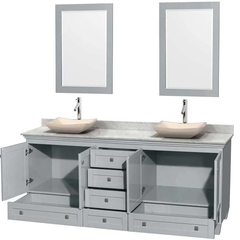 Acclaim 80" Double Bathroom Vanity in Oyster Gray, White Carrera Marble Countertop, Avalon Ivory Marble Sinks and 24" Mirrors