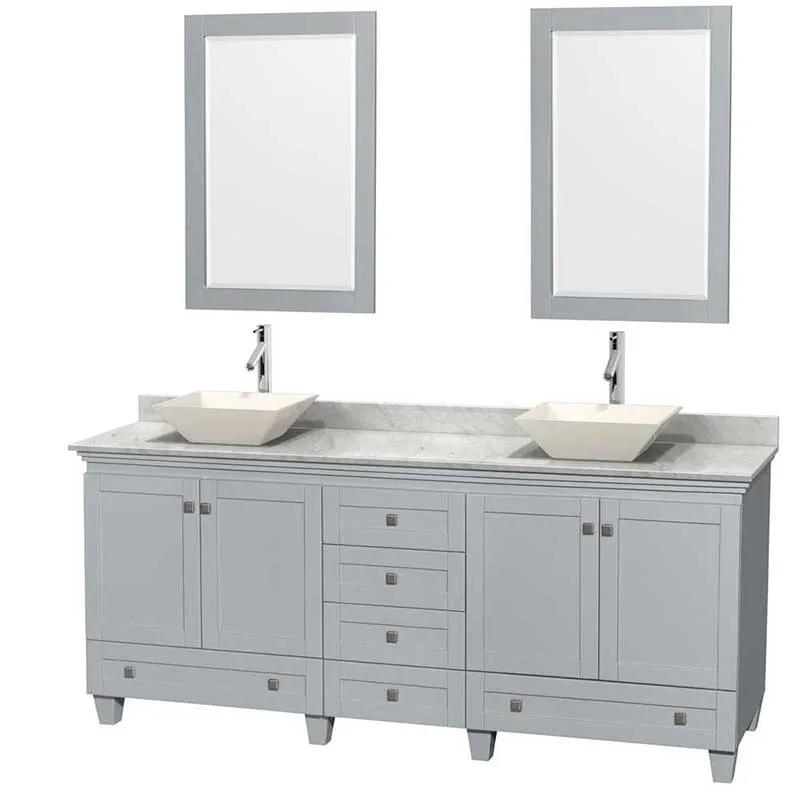 Acclaim 80" Double Bathroom Vanity in Oyster Gray, White Carrera Marble Countertop, Pyra Bone Porcelain Sinks and 24" Mirrors