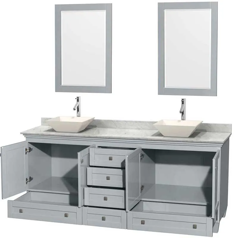 Acclaim 80" Double Bathroom Vanity in Oyster Gray, White Carrera Marble Countertop, Pyra Bone Porcelain Sinks and 24" Mirrors