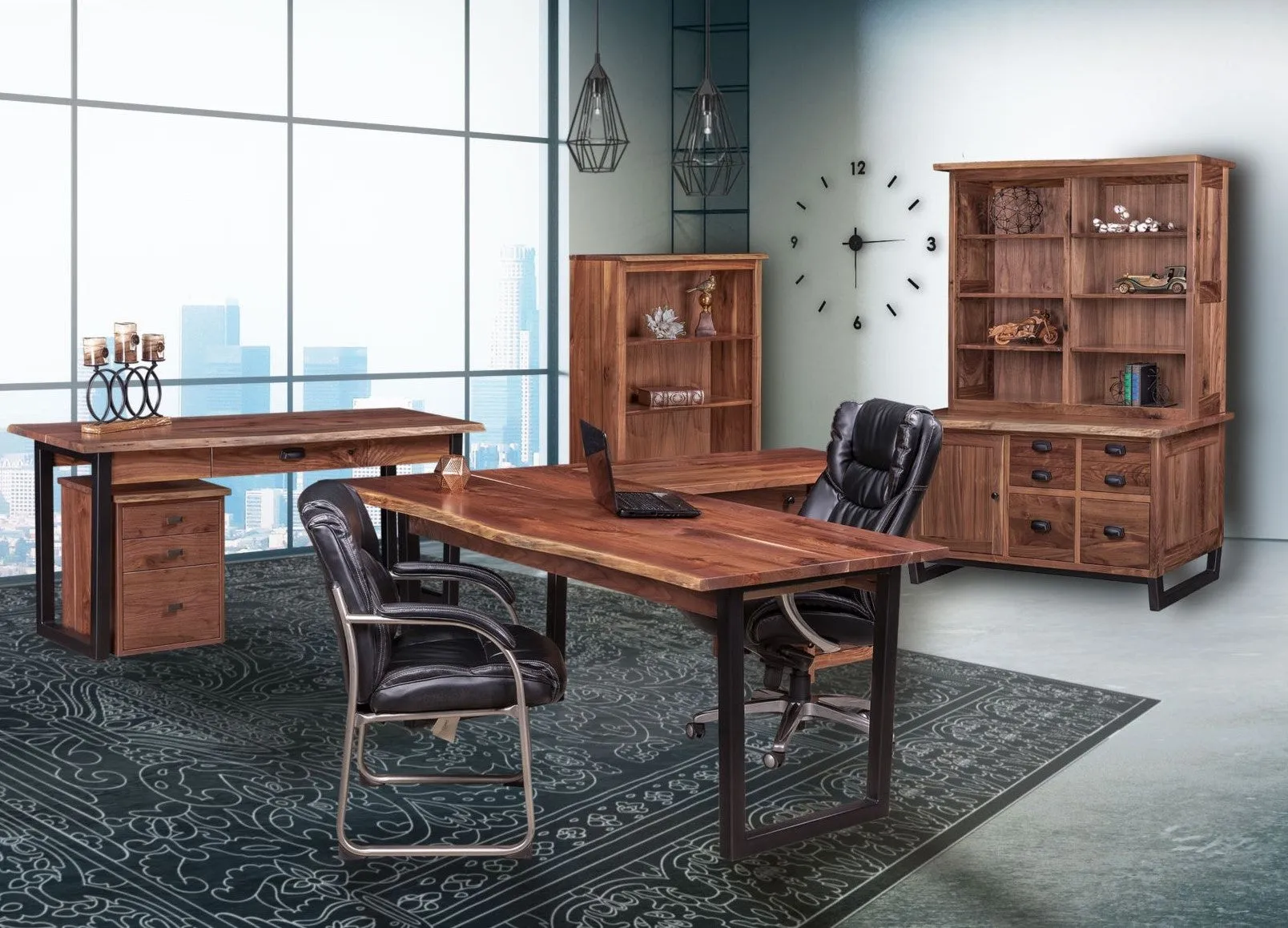Adona - Rustic Walnut Live-Edge Office Credenza w/ Optional Bookcase Topper