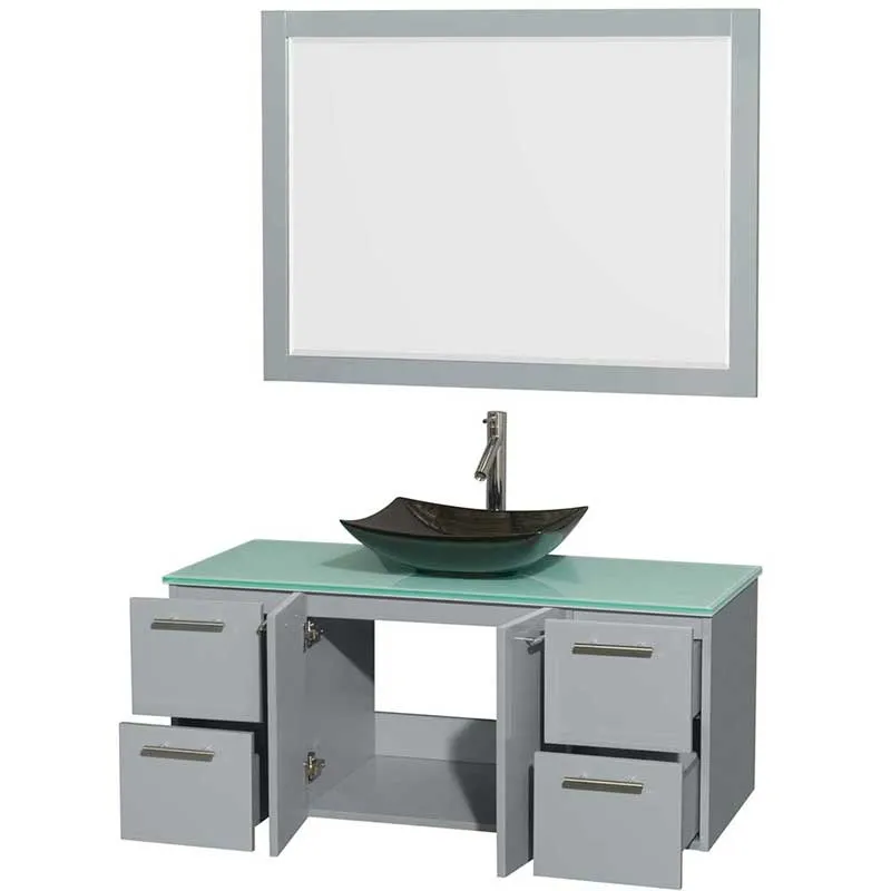 Amare 48" Single Bathroom Vanity in Dove Gray, Green Glass Countertop, Arista Black Granite Sink and 46" Mirror