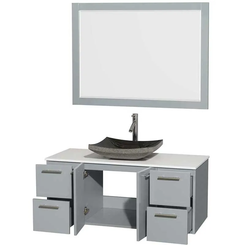 Amare 48" Single Bathroom Vanity in Dove Gray, White Man-Made Stone Countertop, Altair Black Granite Sink and 46" Mirror