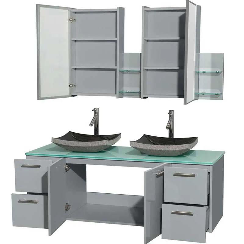 Amare 60" Double Bathroom Vanity in Dove Gray, Green Glass Countertop, Altair Black Granite Sinks and Medicine Cabinet