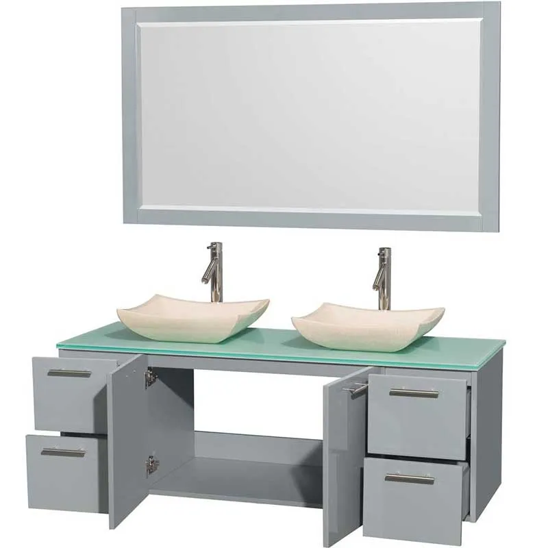 Amare 60" Double Bathroom Vanity in Dove Gray, Green Glass Countertop, Avalon Ivory Marble Sinks and 58" Mirror