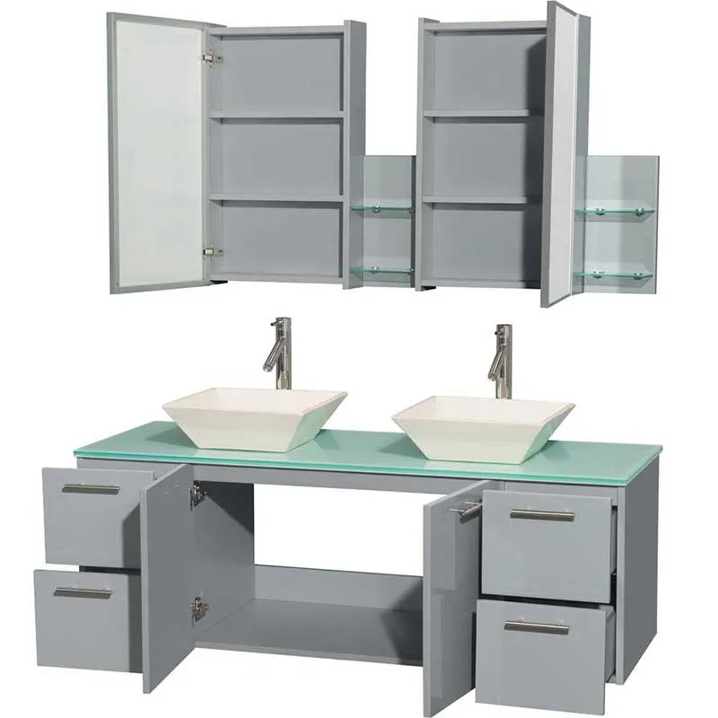 Amare 60" Double Bathroom Vanity in Dove Gray, Green Glass Countertop, Pyra Bone Porcelain Sinks and Medicine Cabinet