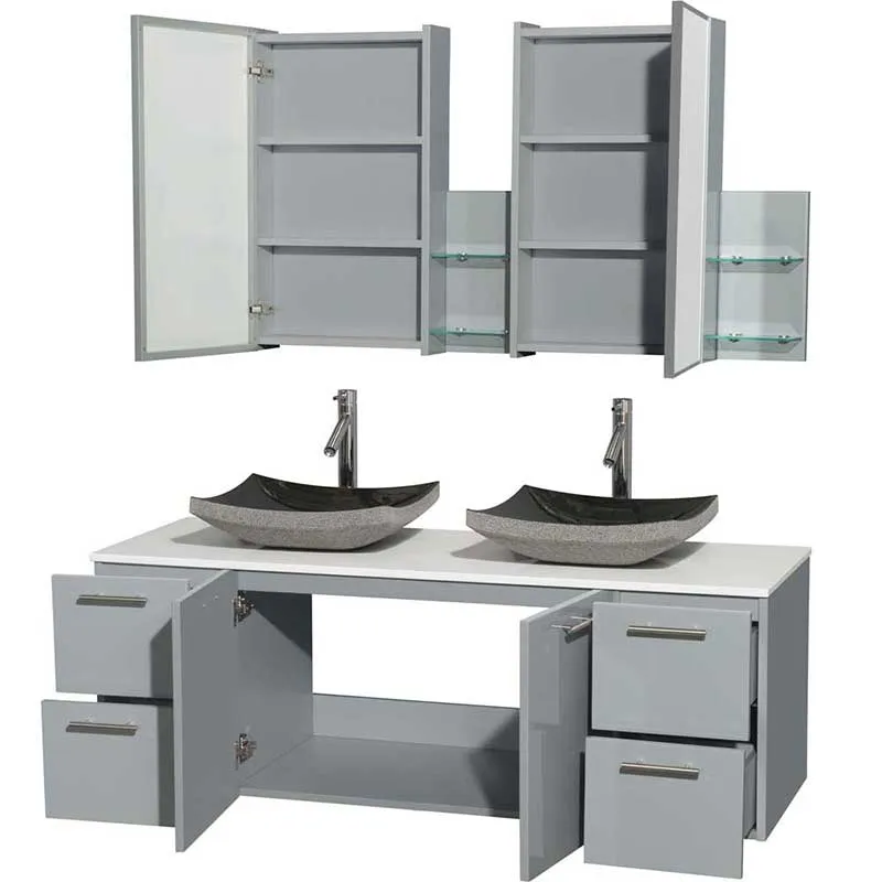 Amare 60" Double Bathroom Vanity in Dove Gray, White Man-Made Stone Countertop, Altair Black Granite Sinks and Medicine Cabinet