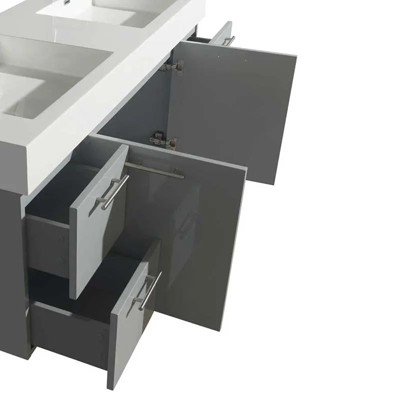 Amare 60" Double Bathroom Vanity in Dove Gray, White Man-Made Stone Countertop, Pyra White Porcelain Sinks and Medicine Cabinet