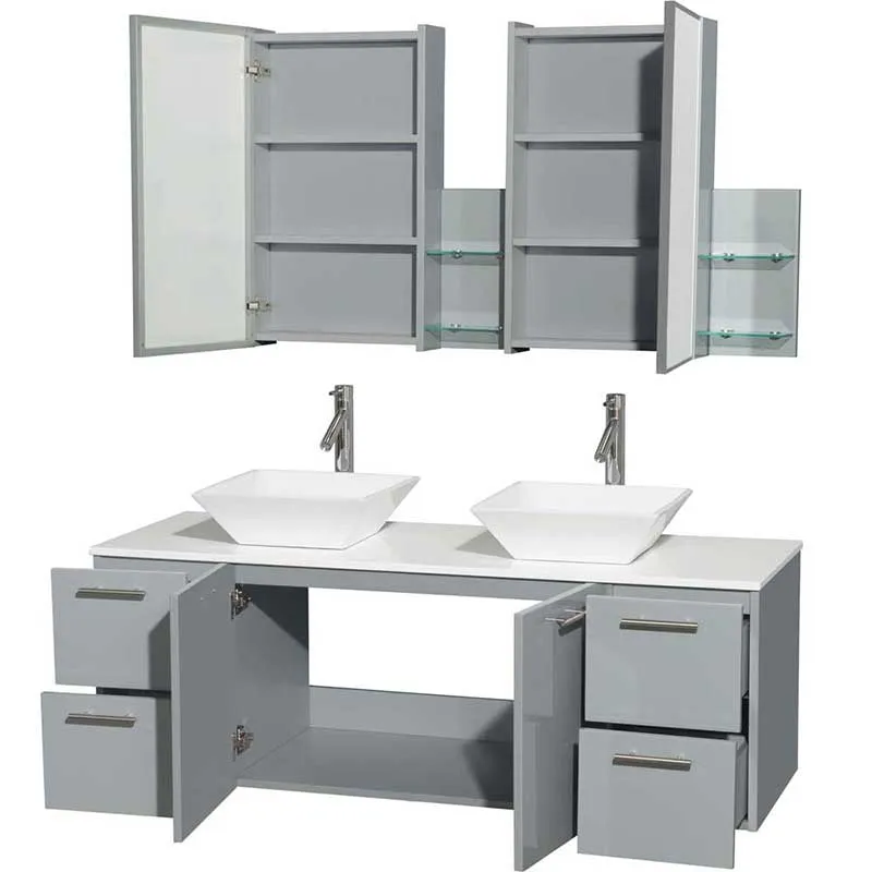 Amare 60" Double Bathroom Vanity in Dove Gray, White Man-Made Stone Countertop, Pyra White Porcelain Sinks and Medicine Cabinet