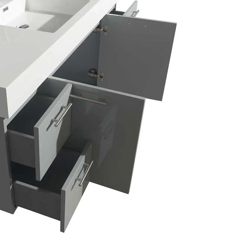 Amare 60" Single Bathroom Vanity in Dove Gray, Green Glass Countertop, Avalon White Carrera Marble Sink and 58" Mirror