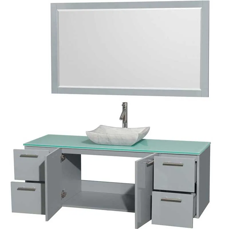 Amare 60" Single Bathroom Vanity in Dove Gray, Green Glass Countertop, Avalon White Carrera Marble Sink and 58" Mirror