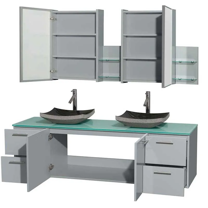 Amare 72" Double Bathroom Vanity in Dove Gray, Green Glass Countertop, Altair Black Granite Sinks and Medicine Cabinet