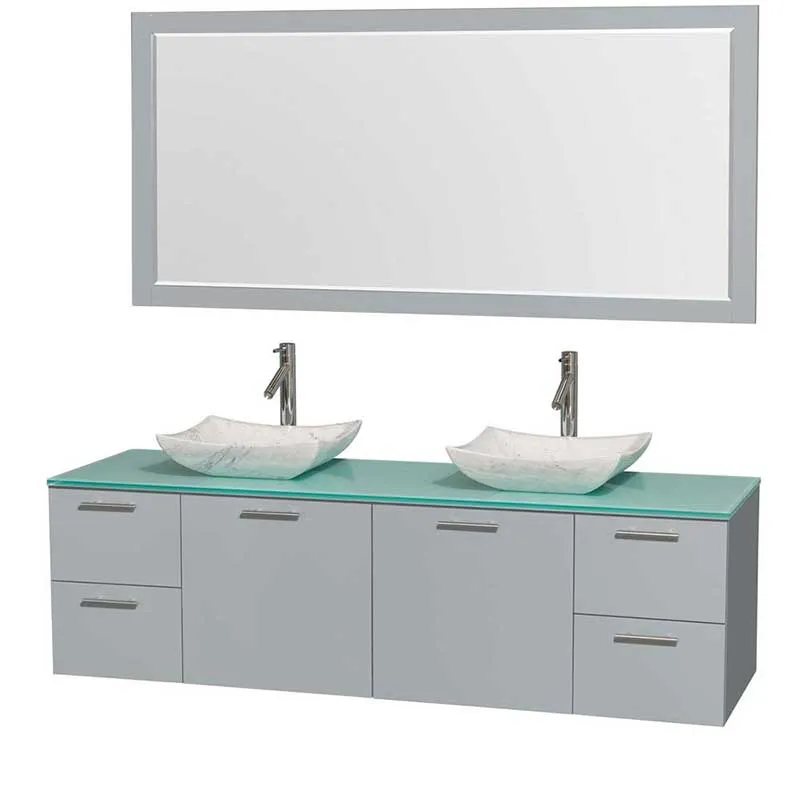 Amare 72" Double Bathroom Vanity in Dove Gray, Green Glass Countertop, Avalon White Carrera Marble Sinks and 70" Mirror