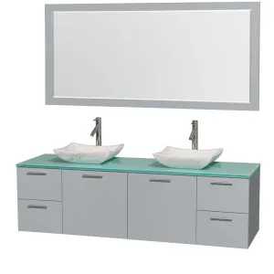 Amare 72" Double Bathroom Vanity in Dove Gray, Green Glass Countertop, Avalon White Carrera Marble Sinks and 70" Mirror