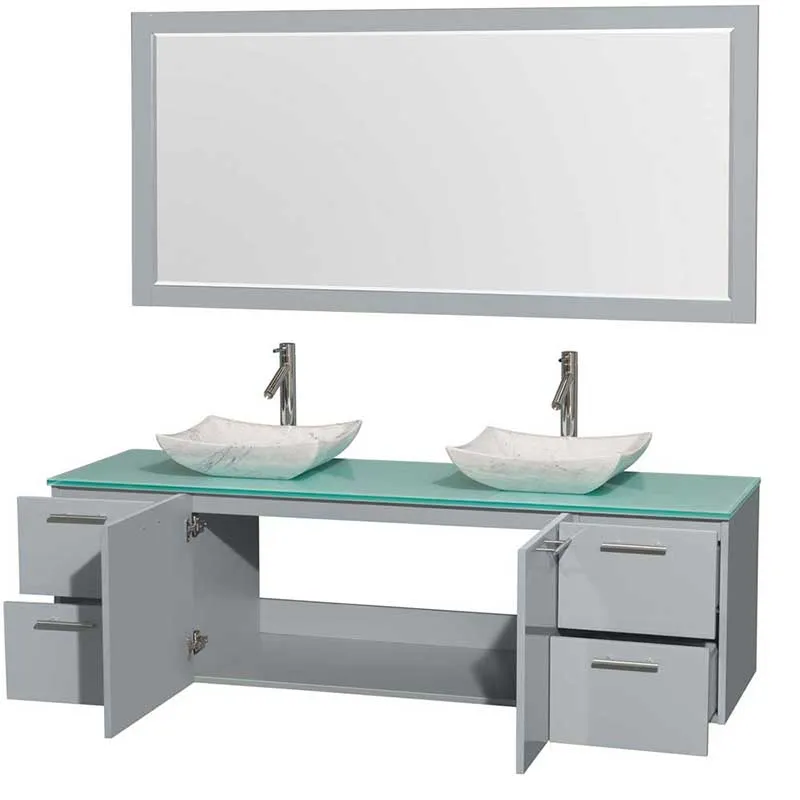 Amare 72" Double Bathroom Vanity in Dove Gray, Green Glass Countertop, Avalon White Carrera Marble Sinks and 70" Mirror