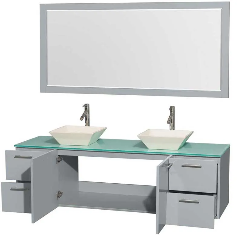 Amare 72" Double Bathroom Vanity in Dove Gray, Green Glass Countertop, Pyra Bone Porcelain Sinks and 70" Mirror