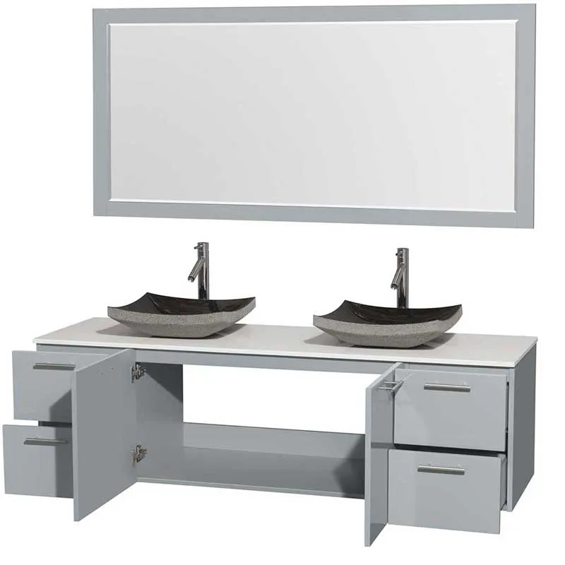 Amare 72" Double Bathroom Vanity in Dove Gray, White Man-Made Stone Countertop, Altair Black Granite Sinks and 70" Mirror