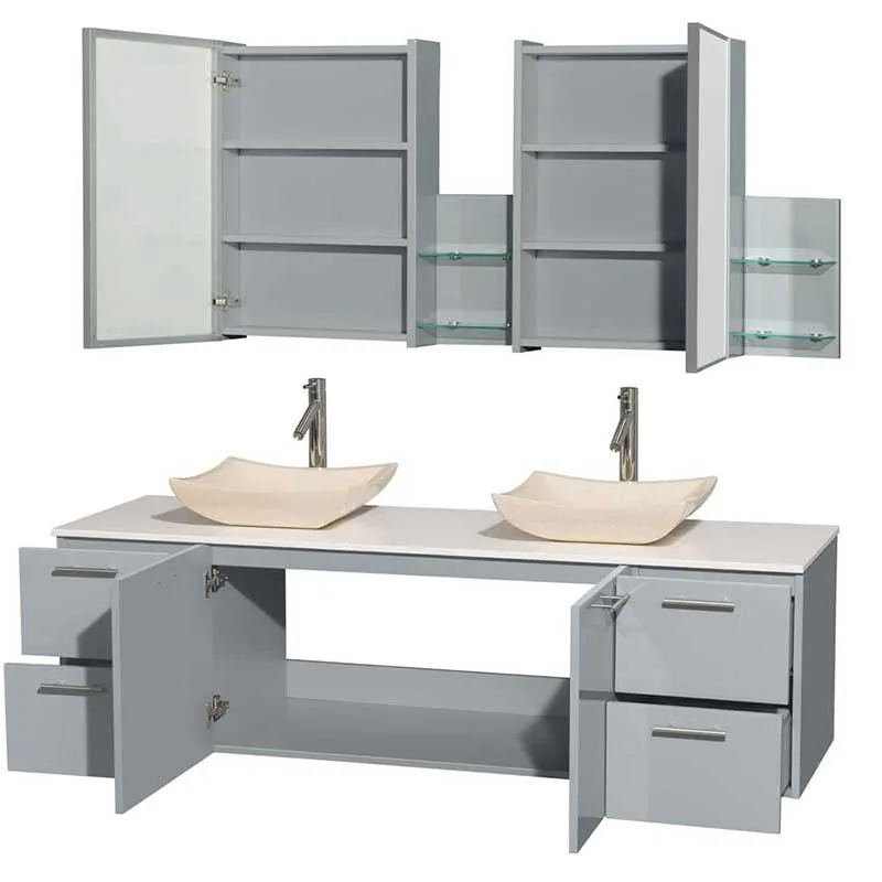 Amare 72" Double Bathroom Vanity in Dove Gray, White Man-Made Stone Countertop, Avalon Ivory Marble Sinks and Medicine Cabinet