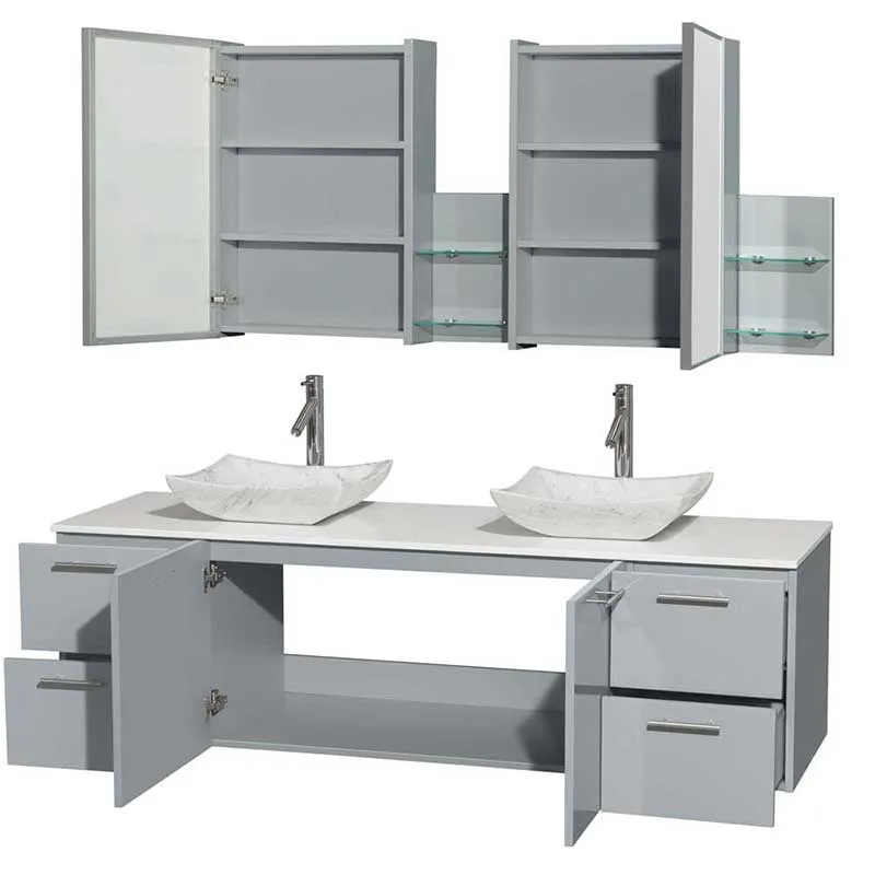 Amare 72" Double Bathroom Vanity in Dove Gray, White Man-Made Stone Countertop, Avalon White Carrera Marble Sinks and Medicine Cabinet
