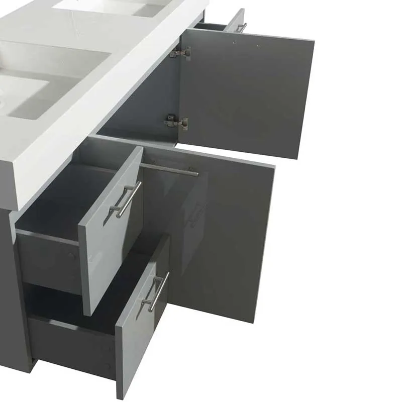 Amare 72" Double Bathroom Vanity in Dove Gray, White Man-Made Stone Countertop, Pyra White Porcelain Sinks and 70" Mirror